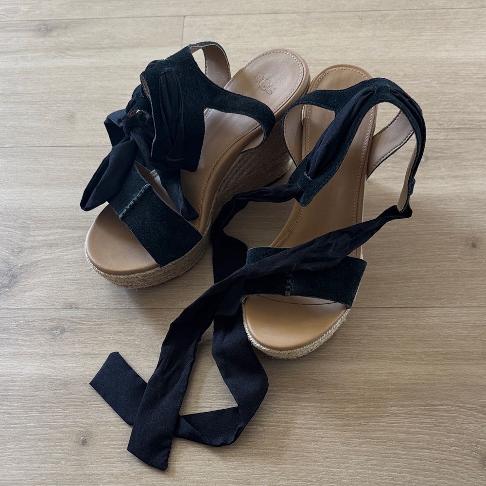 UGG Black Lace-Up Espadrille Wedge Sandals
